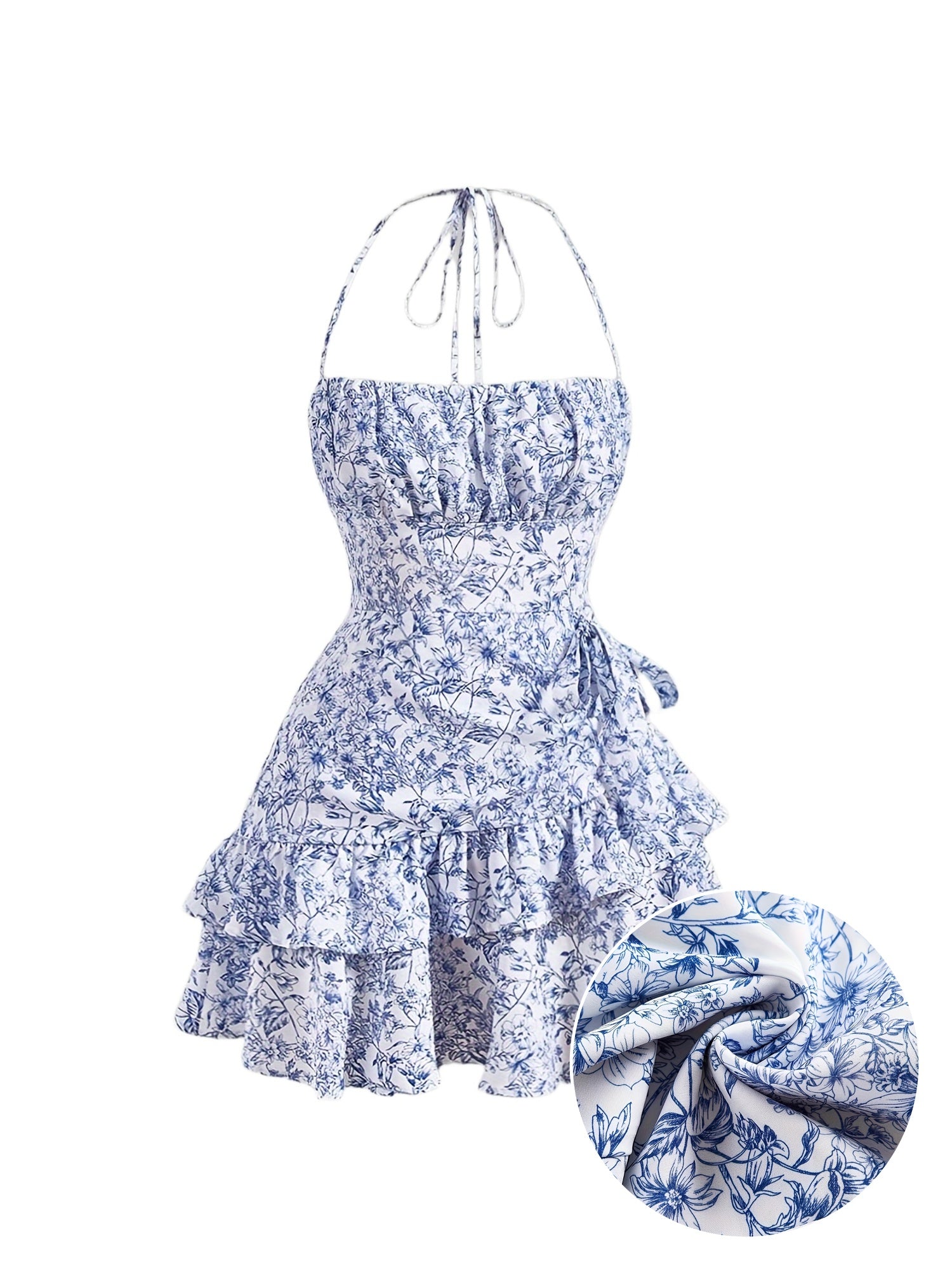 Floral Print Layered Ruffle Hem Halter Dress - Elegant Sleeveless Dress For Spring & Summer - Women's Clothing - For Women - Perfect for Parties & Casual Occasions - Ideal Gift for Her